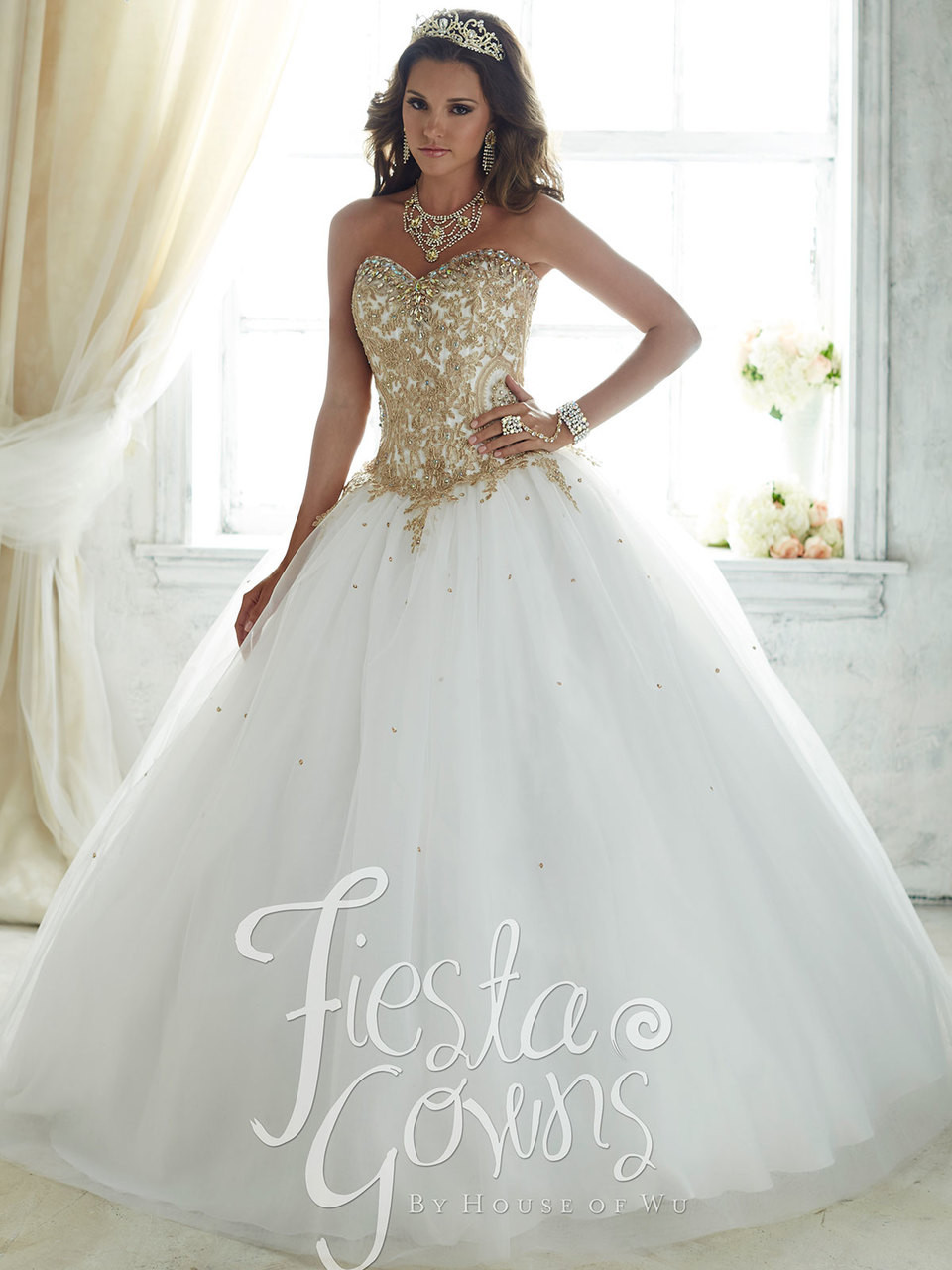 white and gold quinceanera dresses